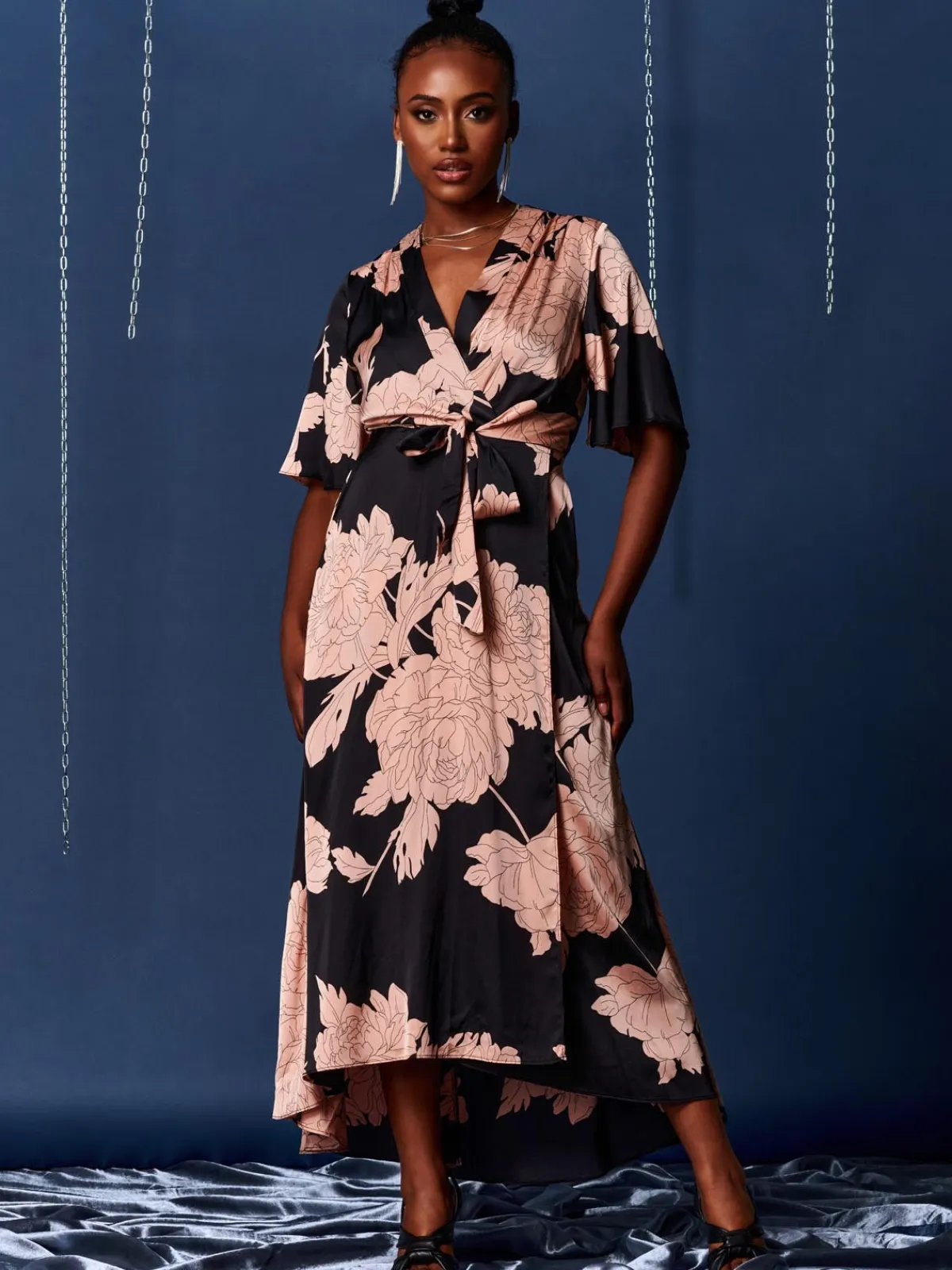 Jolie Moi Occasion Dresses|Floral Dresses-Willow Satin Wrap Tie Waist Dress, Black Pink Floral
