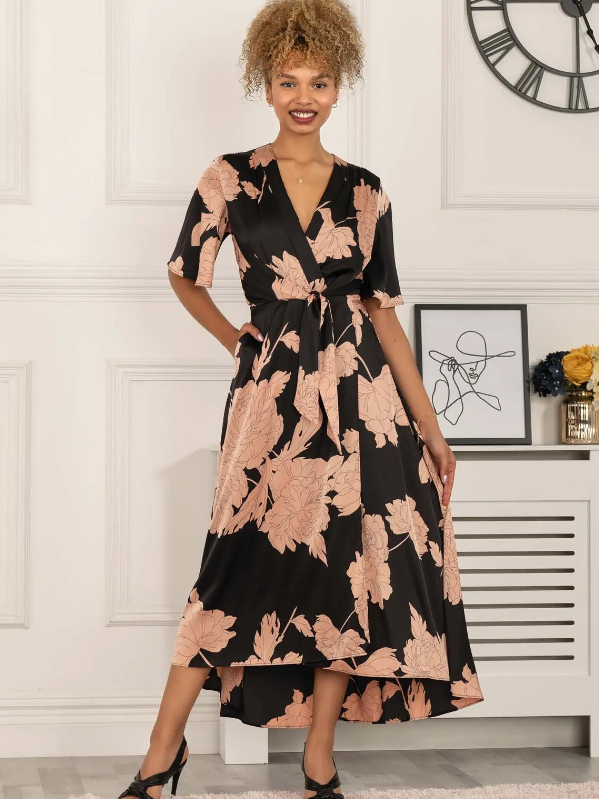 Jolie Moi Occasion Dresses|Floral Dresses-Willow Satin Wrap Tie Waist Dress, Black Pink Floral