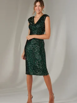 Jolie Moi Occasion Dresses|Party Dresses-Wrap Bodice Sequin Midi Dress, Black Green