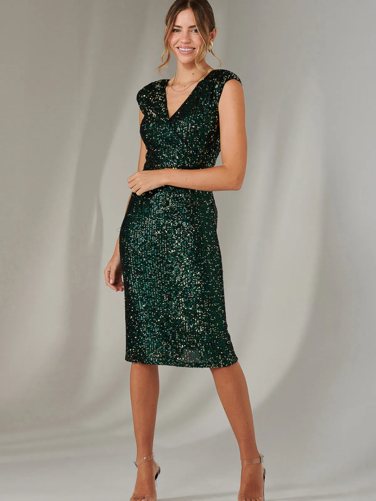 Jolie Moi Occasion Dresses|Party Dresses-Wrap Bodice Sequin Midi Dress, Black Green