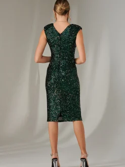 Jolie Moi Occasion Dresses|Party Dresses-Wrap Bodice Sequin Midi Dress, Black Green