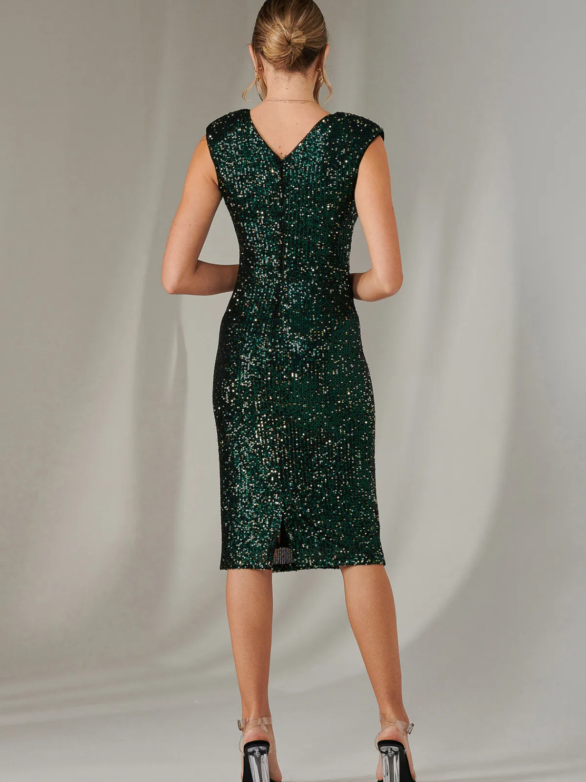 Jolie Moi Occasion Dresses|Party Dresses-Wrap Bodice Sequin Midi Dress, Black Green