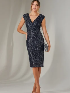 Jolie Moi Occasion Dresses|Party Dresses-Wrap Bodice Sequin Midi Dress, Navy Silver