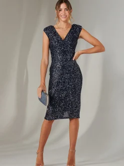 Jolie Moi Occasion Dresses|Party Dresses-Wrap Bodice Sequin Midi Dress, Navy Silver