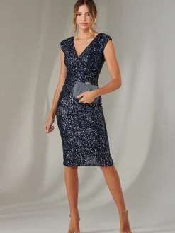 Jolie Moi Occasion Dresses|Party Dresses-Wrap Bodice Sequin Midi Dress, Navy Silver