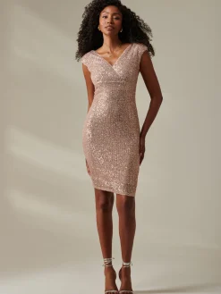 Jolie Moi Occasion Dresses|Sleeveless Dresses-Wrap Bodice Sequin Midi Dress, Rose Pink