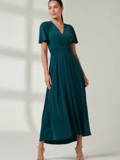 Jolie Moi Occasion Dresses|Jersey Dresses-Wrap Bodice Super Smooth Jersey Maxi Dress, Forest Green