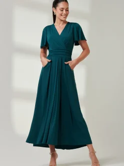 Jolie Moi Occasion Dresses|Jersey Dresses-Wrap Bodice Super Smooth Jersey Maxi Dress, Forest Green