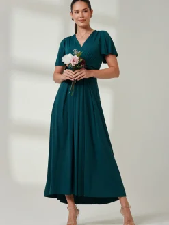 Jolie Moi Occasion Dresses|Jersey Dresses-Wrap Bodice Super Smooth Jersey Maxi Dress, Forest Green