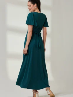 Jolie Moi Occasion Dresses|Jersey Dresses-Wrap Bodice Super Smooth Jersey Maxi Dress, Forest Green