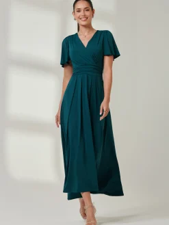 Jolie Moi Occasion Dresses|Jersey Dresses-Wrap Bodice Super Smooth Jersey Maxi Dress, Forest Green