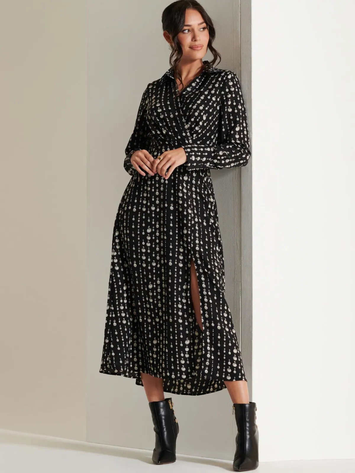 Jolie Moi Occasion Dresses|Weekend Casuals-Wrap Detail Shirt Maxi Dress, Black Pattern