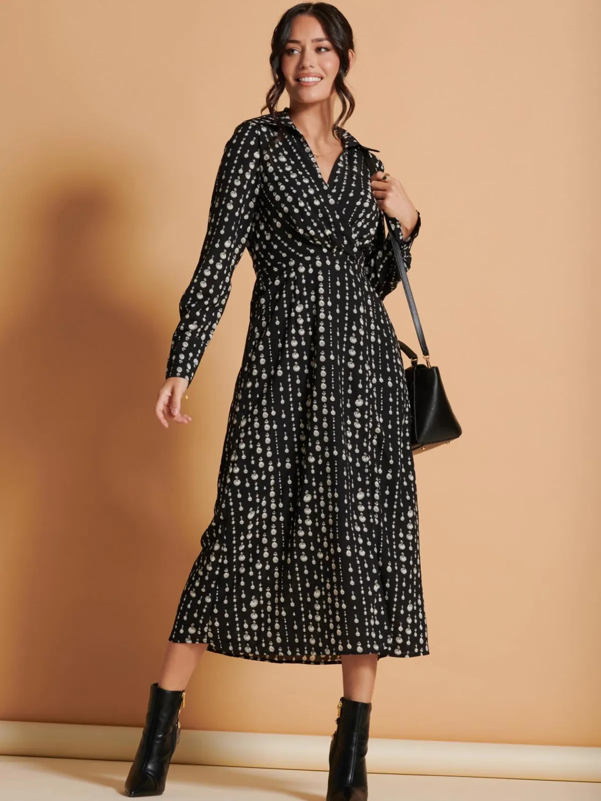 Jolie Moi Occasion Dresses|Weekend Casuals-Wrap Detail Shirt Maxi Dress, Black Pattern