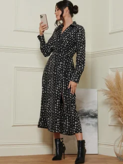 Jolie Moi Occasion Dresses|Weekend Casuals-Wrap Detail Shirt Maxi Dress, Black Pattern