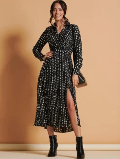 Jolie Moi Occasion Dresses|Weekend Casuals-Wrap Detail Shirt Maxi Dress, Black Pattern