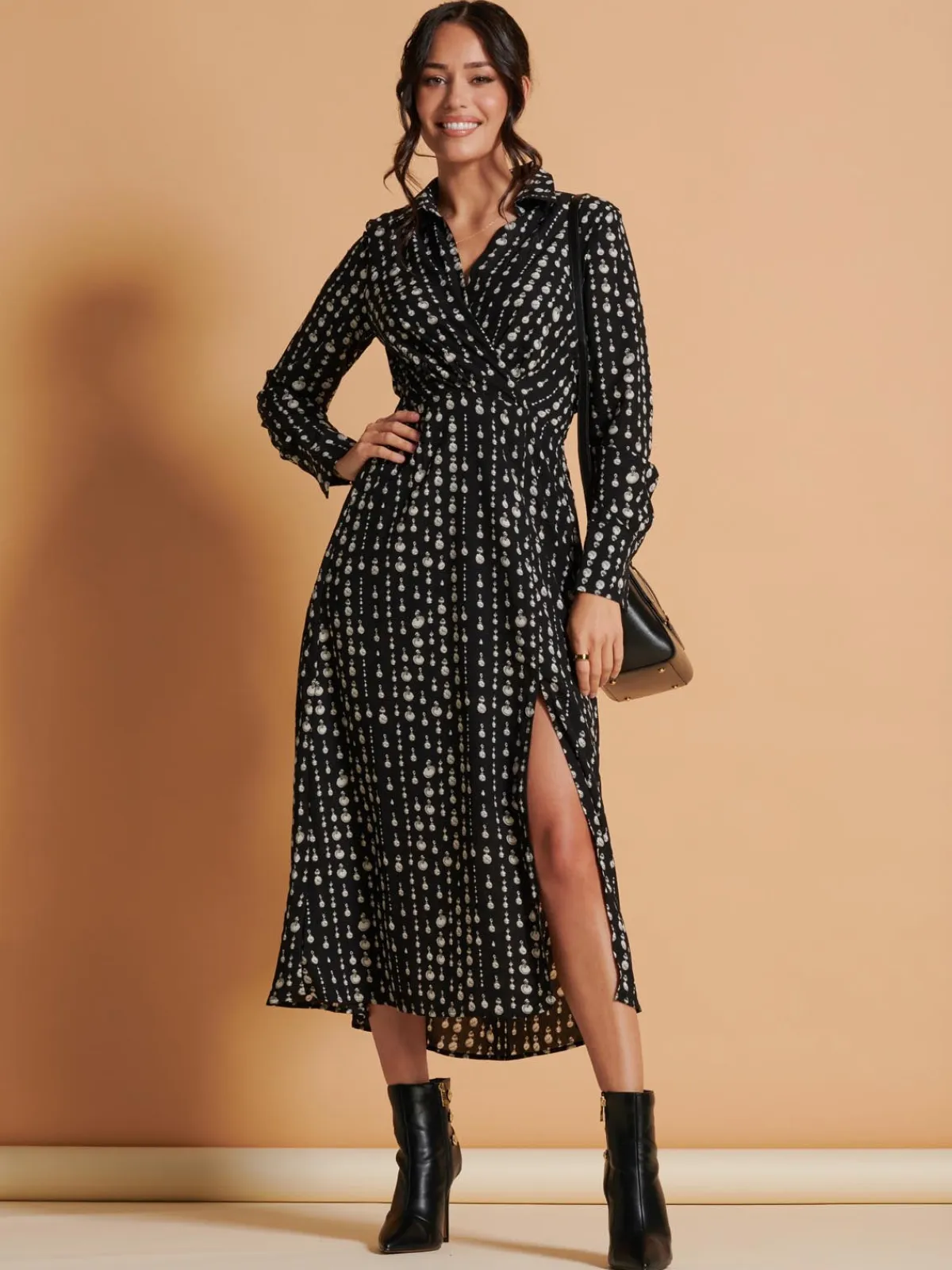 Jolie Moi Occasion Dresses|Weekend Casuals-Wrap Detail Shirt Maxi Dress, Black Pattern