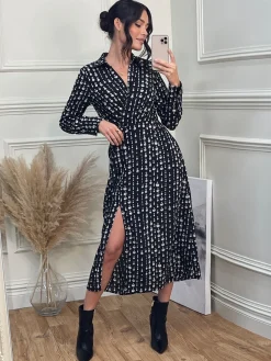 Jolie Moi Occasion Dresses|Weekend Casuals-Wrap Detail Shirt Maxi Dress, Black Pattern
