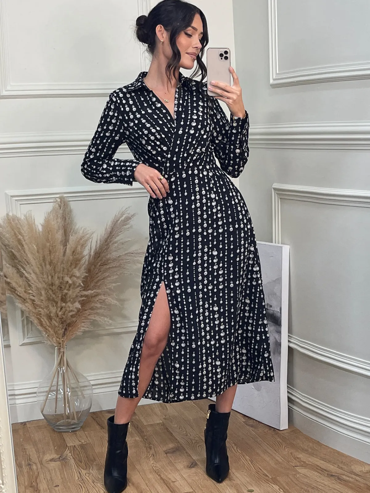 Jolie Moi Occasion Dresses|Weekend Casuals-Wrap Detail Shirt Maxi Dress, Black Pattern