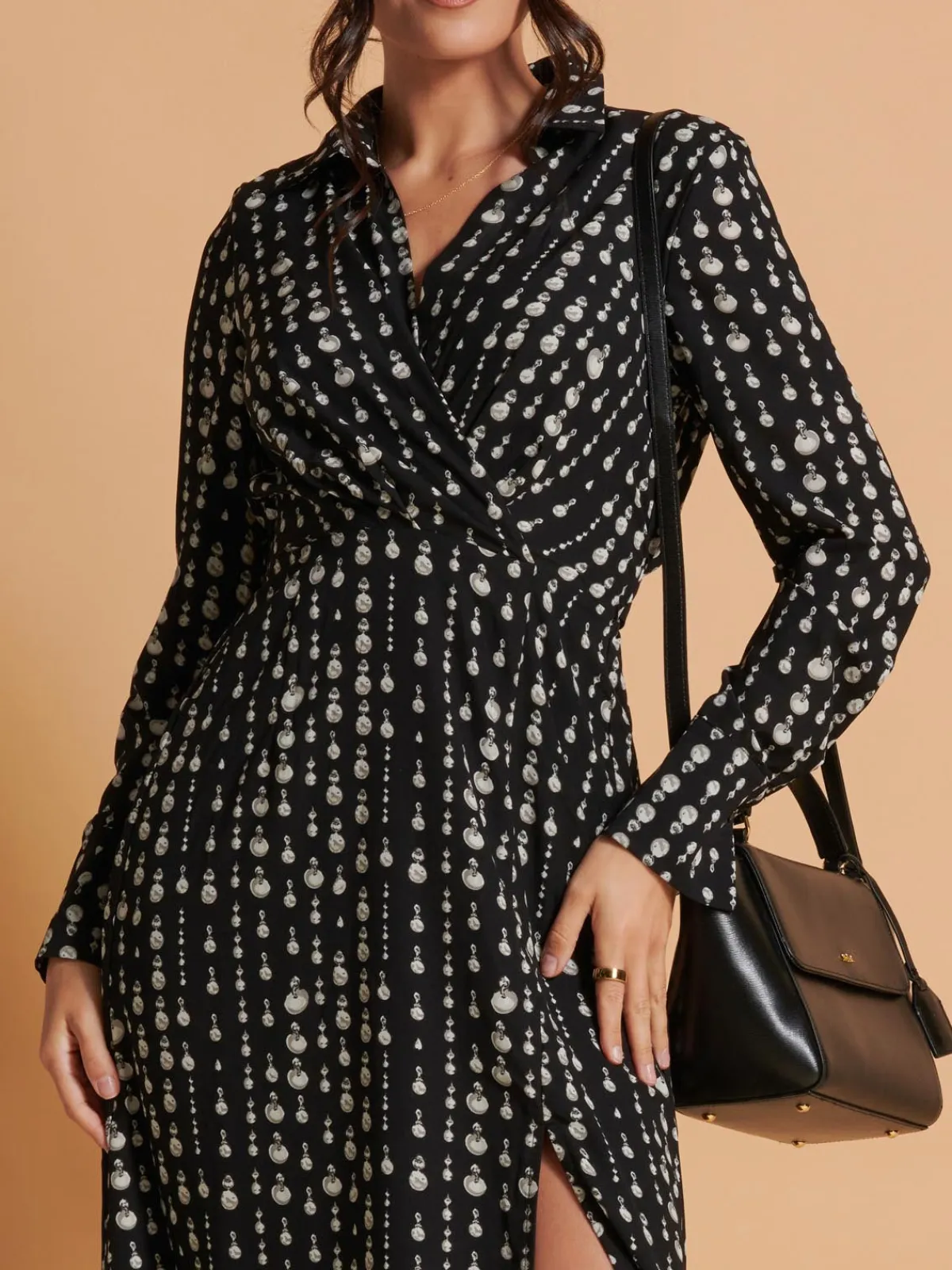 Jolie Moi Occasion Dresses|Weekend Casuals-Wrap Detail Shirt Maxi Dress, Black Pattern
