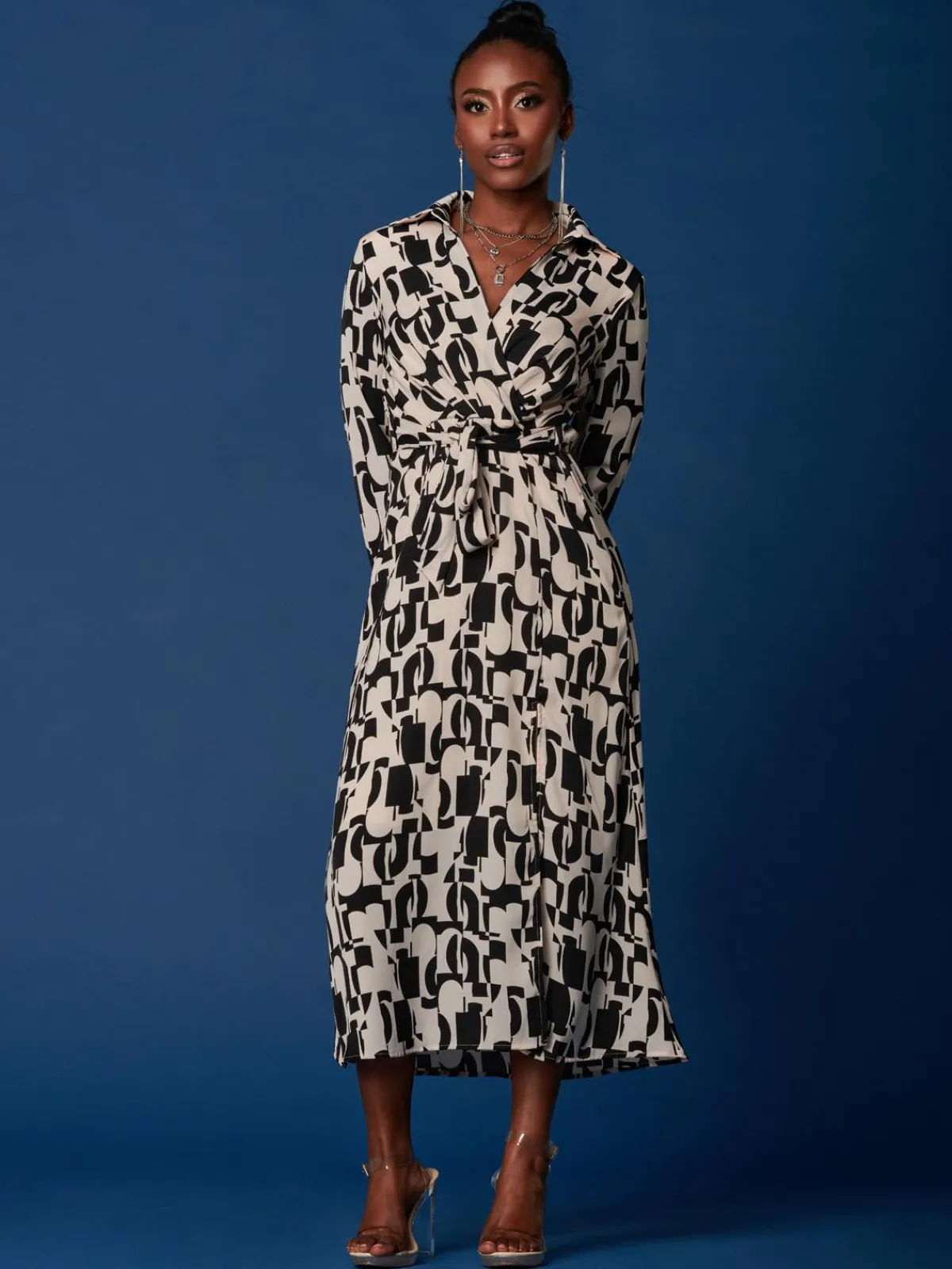 Jolie Moi Occasion Dresses|Weekend Casuals-Wrap Detail Shirt Maxi Dress, Cream/Black