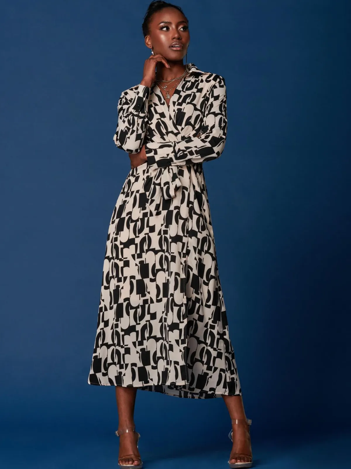 Jolie Moi Occasion Dresses|Weekend Casuals-Wrap Detail Shirt Maxi Dress, Cream/Black