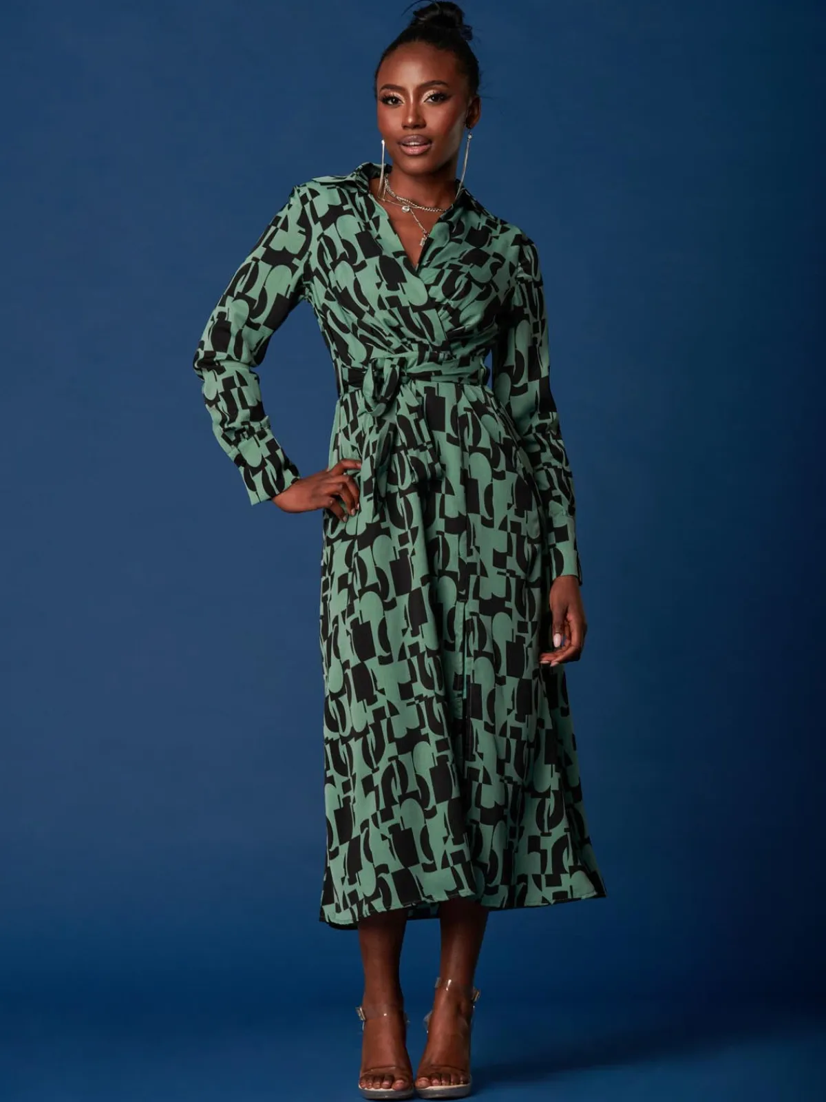 Jolie Moi Occasion Dresses|Weekend Casuals-Wrap Detail Shirt Maxi Dress, Green Geo