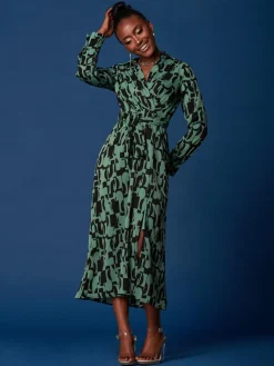 Jolie Moi Occasion Dresses|Weekend Casuals-Wrap Detail Shirt Maxi Dress, Green Geo
