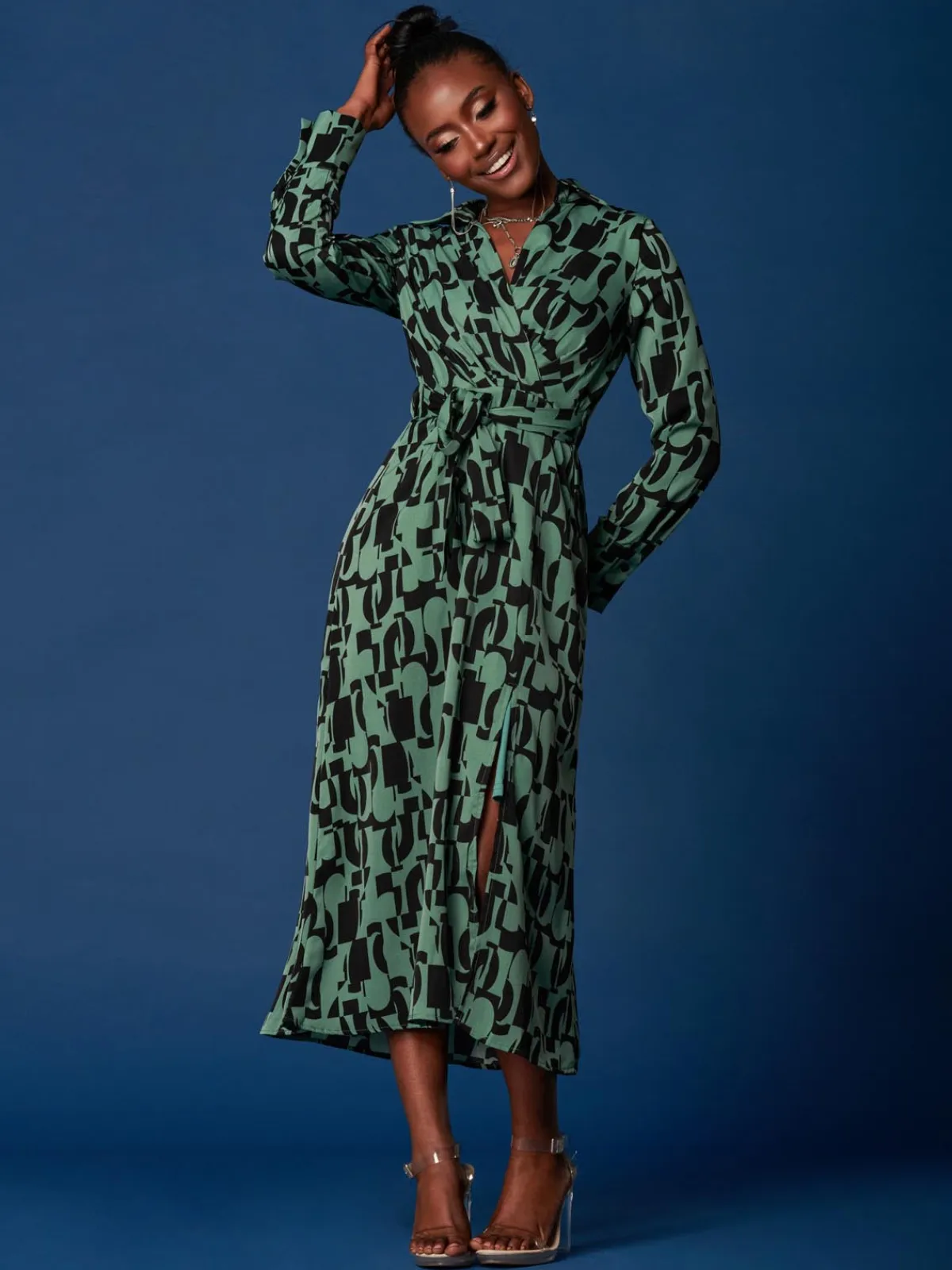 Jolie Moi Occasion Dresses|Weekend Casuals-Wrap Detail Shirt Maxi Dress, Green Geo
