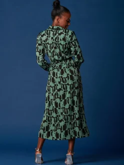Jolie Moi Occasion Dresses|Weekend Casuals-Wrap Detail Shirt Maxi Dress, Green Geo
