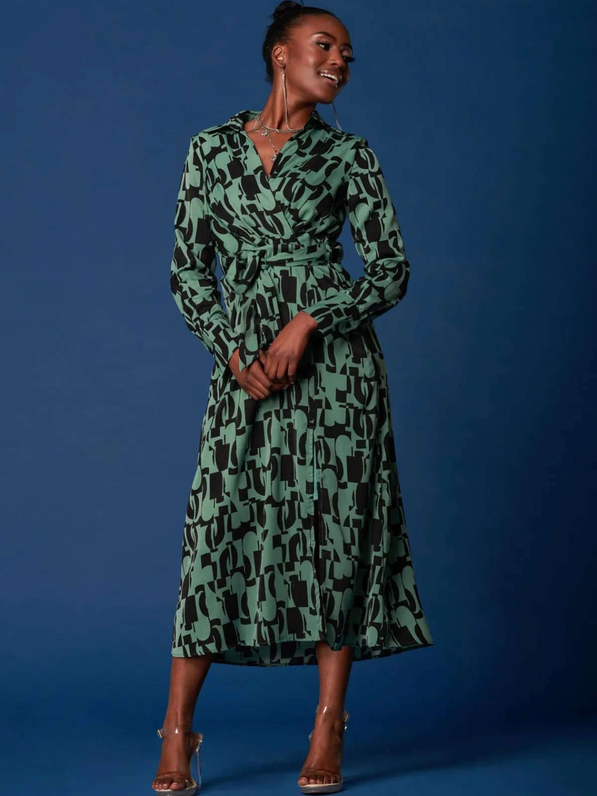 Jolie Moi Occasion Dresses|Weekend Casuals-Wrap Detail Shirt Maxi Dress, Green Geo
