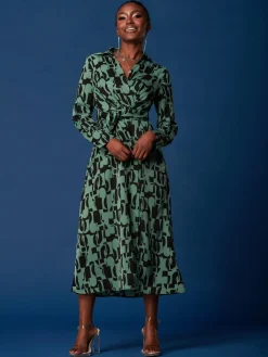 Jolie Moi Occasion Dresses|Weekend Casuals-Wrap Detail Shirt Maxi Dress, Green Geo