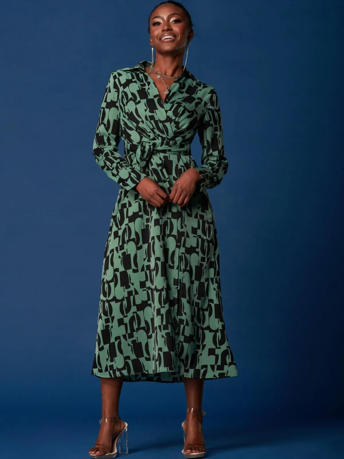 Jolie Moi Occasion Dresses|Weekend Casuals-Wrap Detail Shirt Maxi Dress, Green Geo