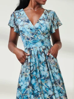 Jolie Moi Occasion Dresses|Mesh Dresses-Wrap Dip Hem Mesh Maxi Dress, Blue Abstract
