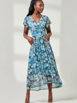 Jolie Moi Occasion Dresses|Mesh Dresses-Wrap Dip Hem Mesh Maxi Dress, Blue Abstract