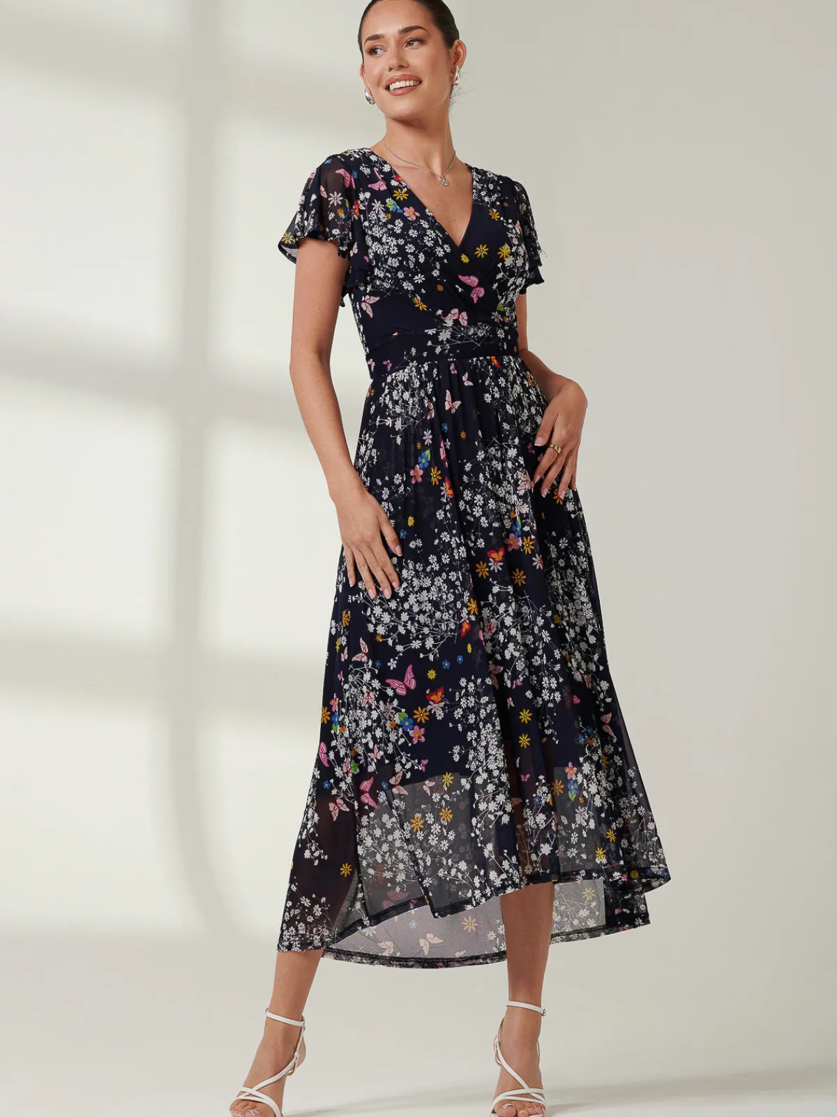 Jolie Moi Occasion Dresses|Floral Dresses-Wrap Dip Hem Mesh Maxi Dress, Navy Floral