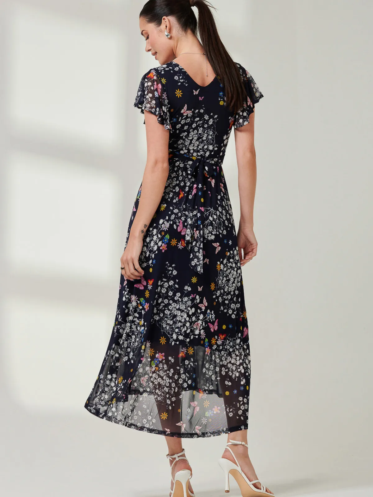 Jolie Moi Occasion Dresses|Floral Dresses-Wrap Dip Hem Mesh Maxi Dress, Navy Floral