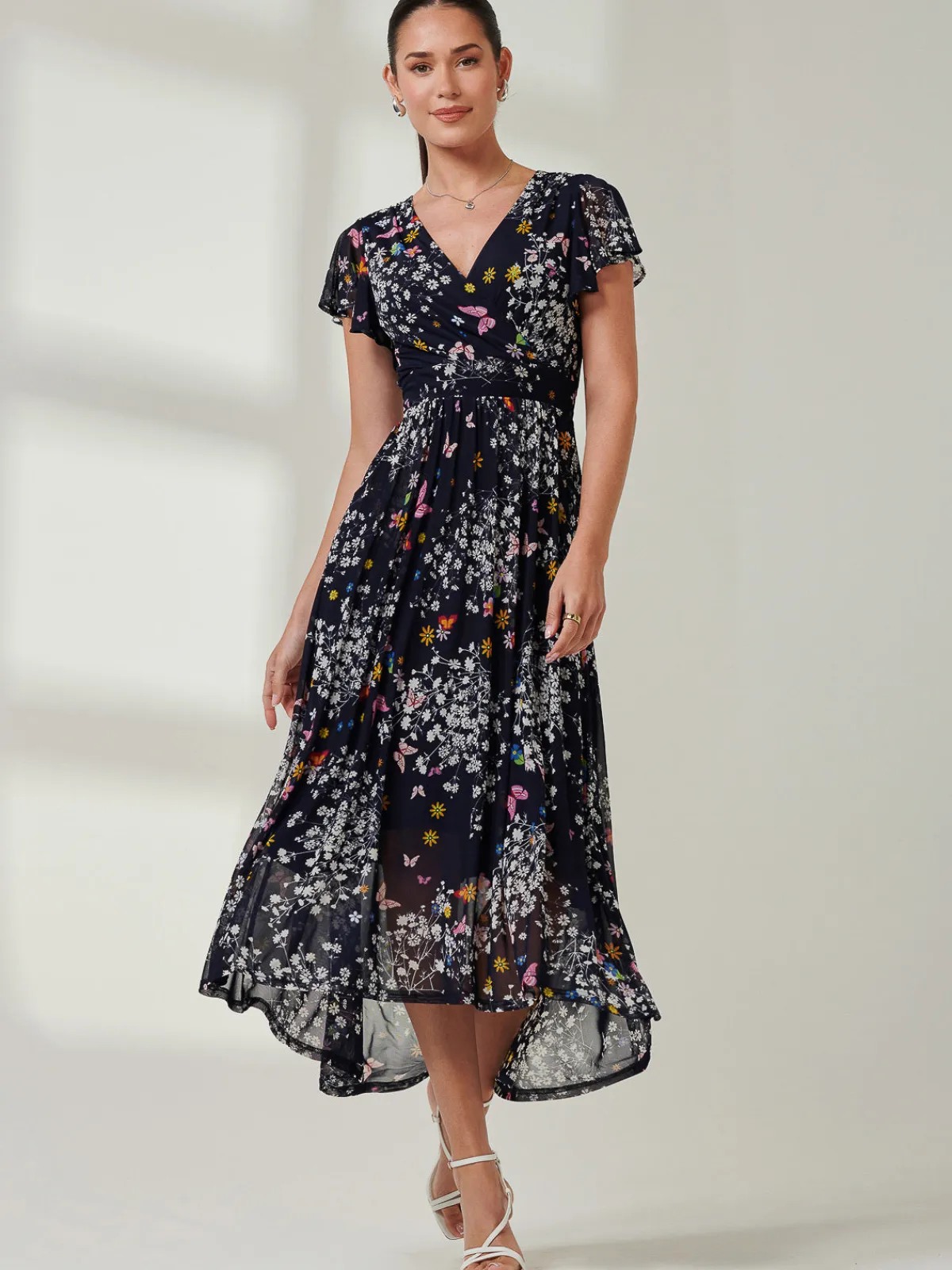 Jolie Moi Occasion Dresses|Floral Dresses-Wrap Dip Hem Mesh Maxi Dress, Navy Floral