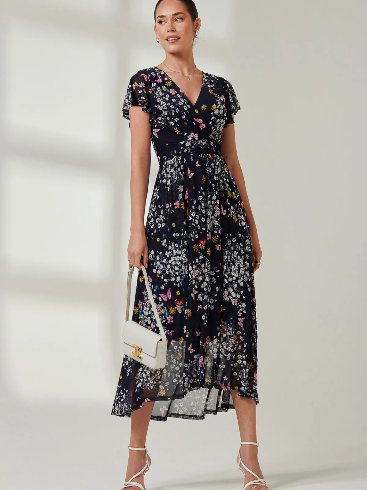 Jolie Moi Occasion Dresses|Floral Dresses-Wrap Dip Hem Mesh Maxi Dress, Navy Floral