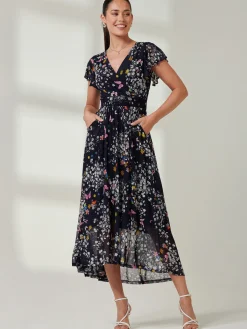 Jolie Moi Occasion Dresses|Floral Dresses-Wrap Dip Hem Mesh Maxi Dress, Navy Floral