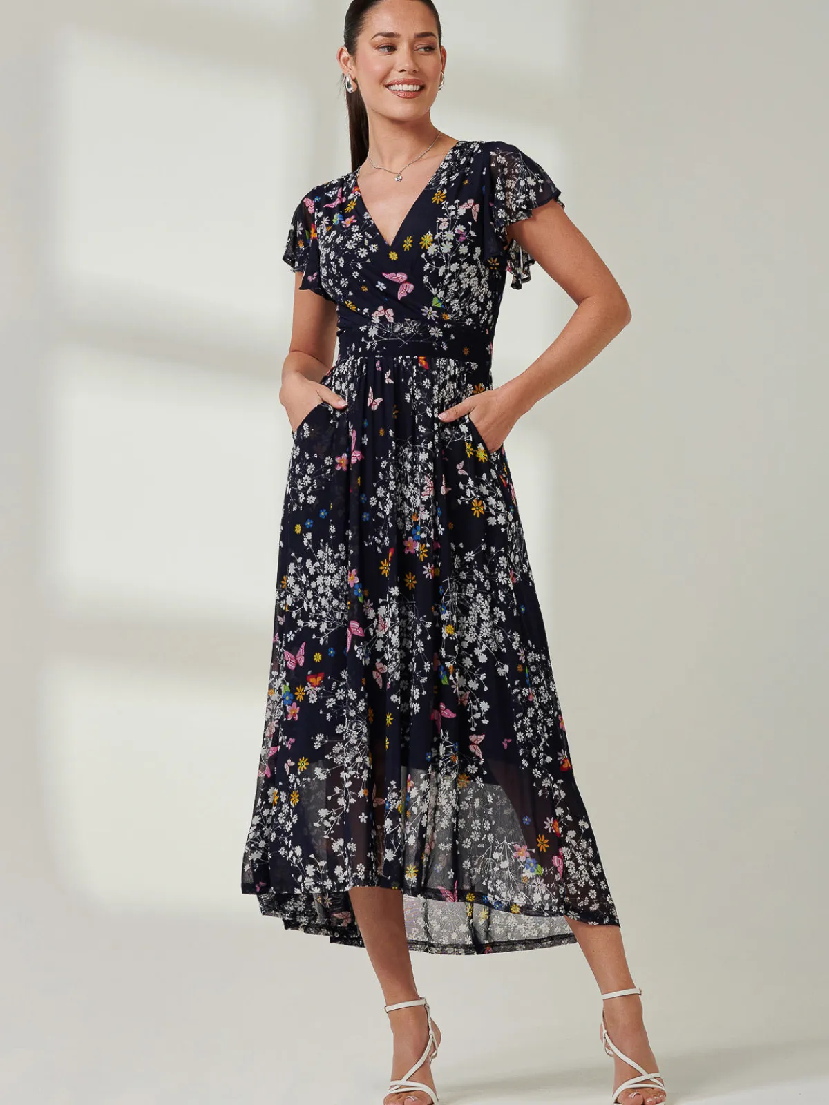 Jolie Moi Occasion Dresses|Floral Dresses-Wrap Dip Hem Mesh Maxi Dress, Navy Floral