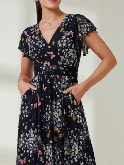 Jolie Moi Occasion Dresses|Floral Dresses-Wrap Dip Hem Mesh Maxi Dress, Navy Floral