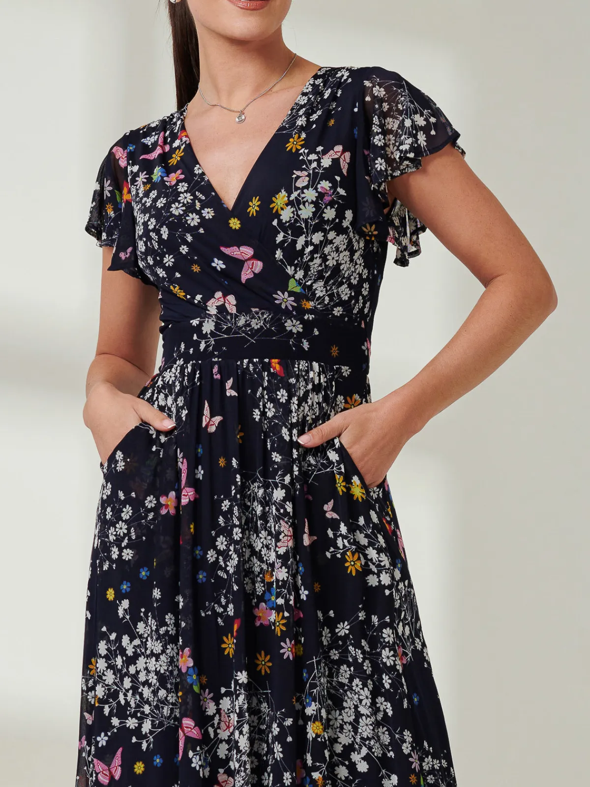 Jolie Moi Occasion Dresses|Floral Dresses-Wrap Dip Hem Mesh Maxi Dress, Navy Floral