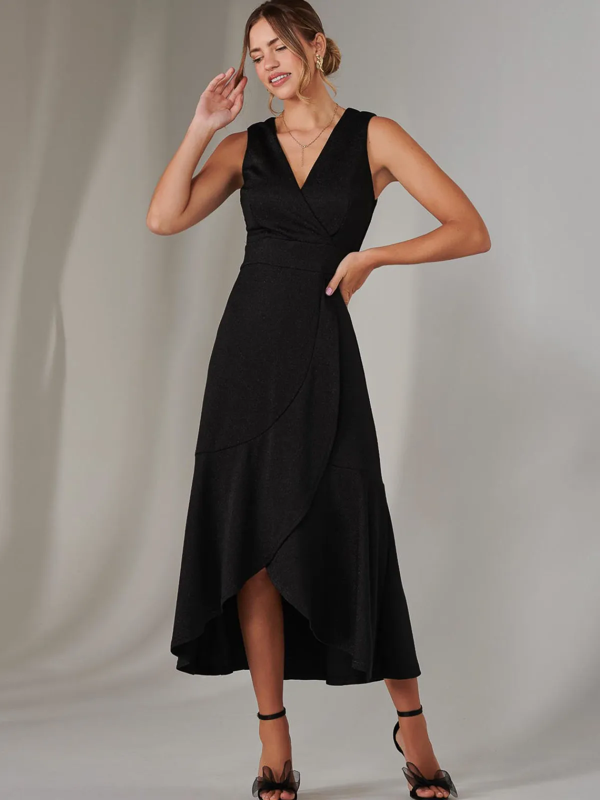 Jolie Moi Occasion Dresses|Sleeveless Dresses-Wrap Frill Hem Maxi Dress, Black
