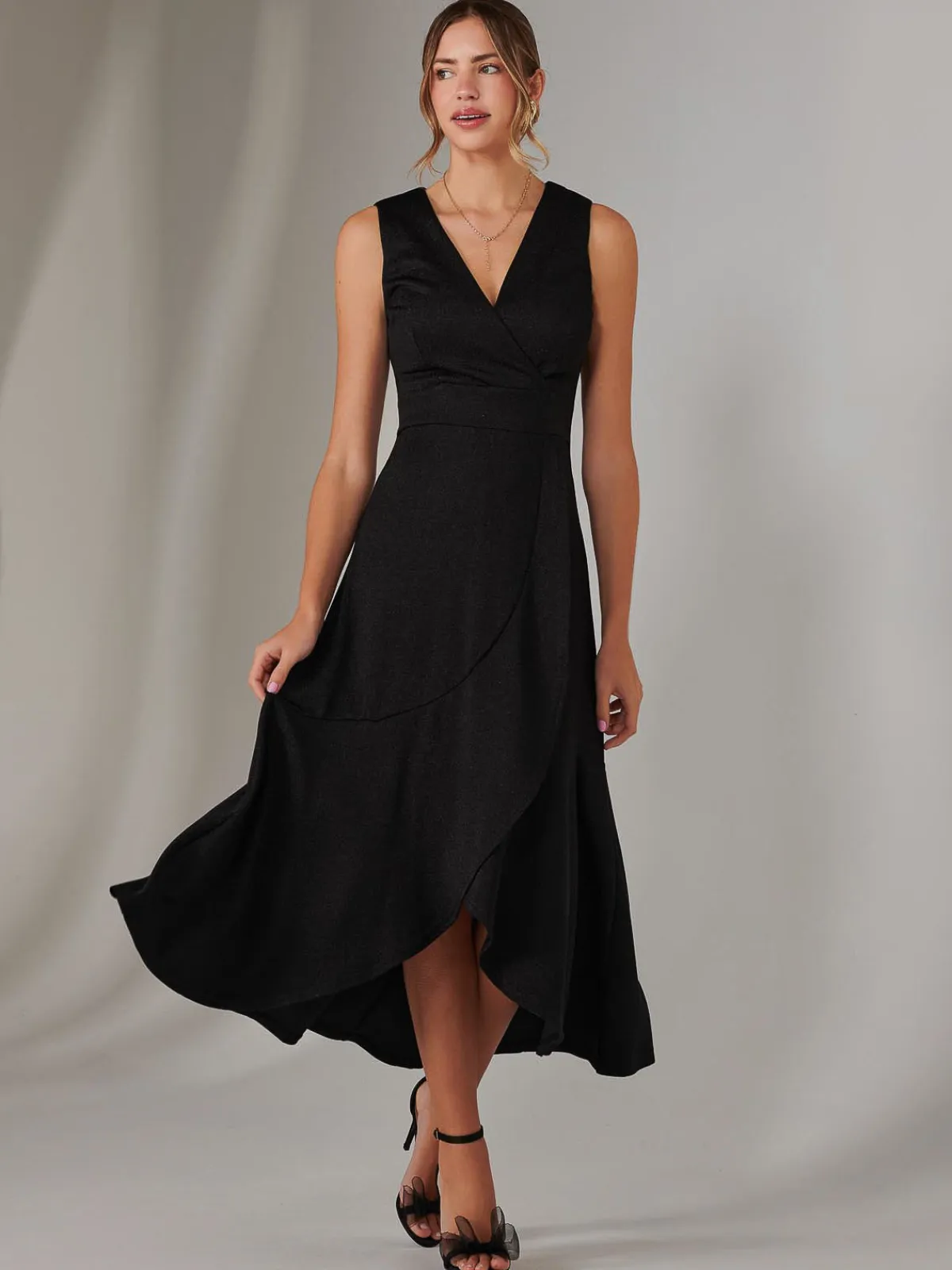 Jolie Moi Occasion Dresses|Sleeveless Dresses-Wrap Frill Hem Maxi Dress, Black