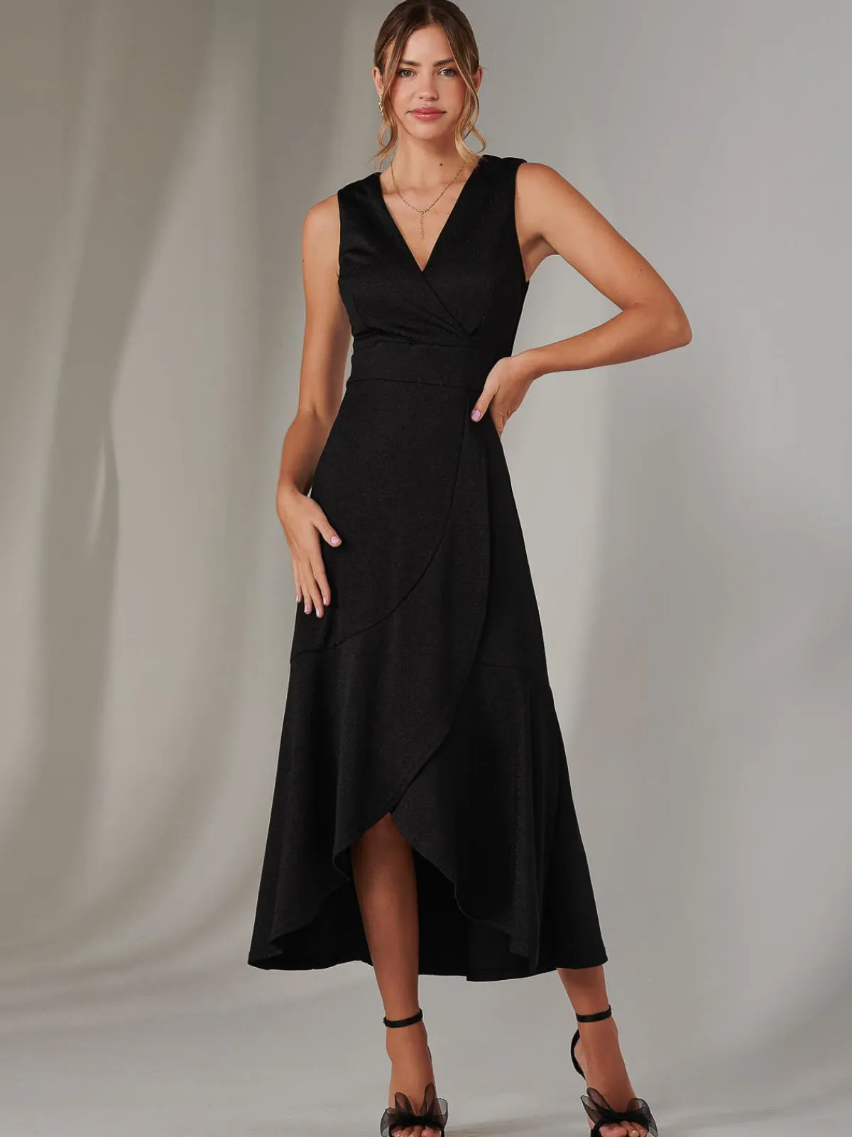 Jolie Moi Occasion Dresses|Sleeveless Dresses-Wrap Frill Hem Maxi Dress, Black