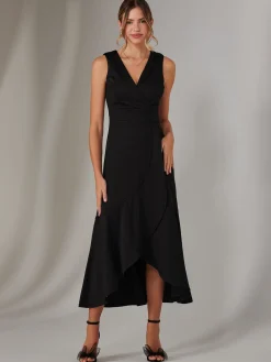 Jolie Moi Occasion Dresses|Sleeveless Dresses-Wrap Frill Hem Maxi Dress, Black