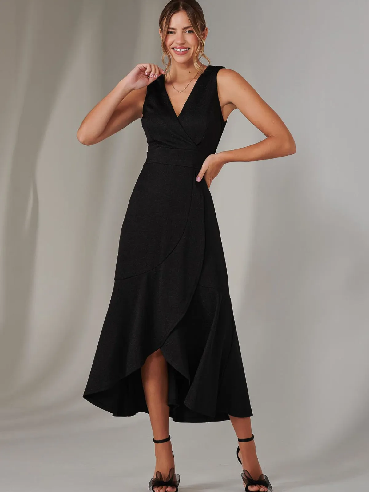 Jolie Moi Occasion Dresses|Sleeveless Dresses-Wrap Frill Hem Maxi Dress, Black
