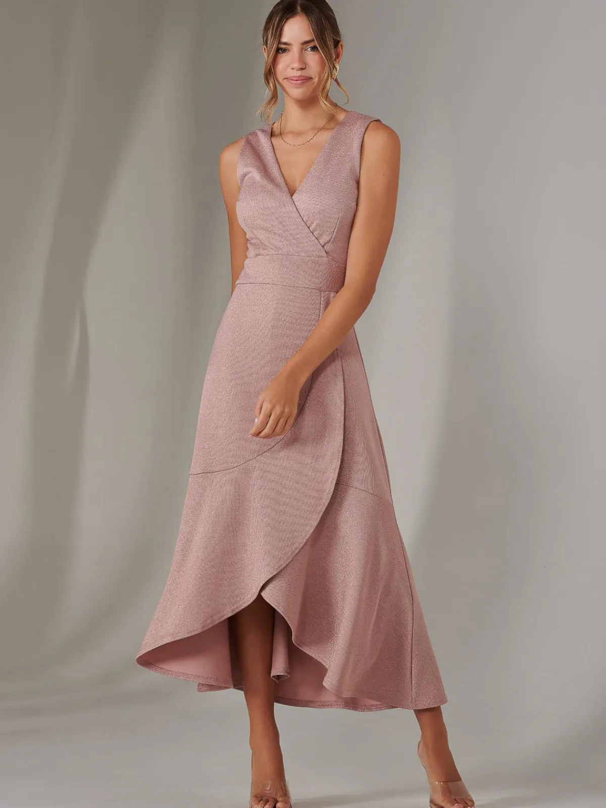 Jolie Moi Occasion Dresses|Sleeveless Dresses-Wrap Frill Hem Maxi Dress, Dusty Pink