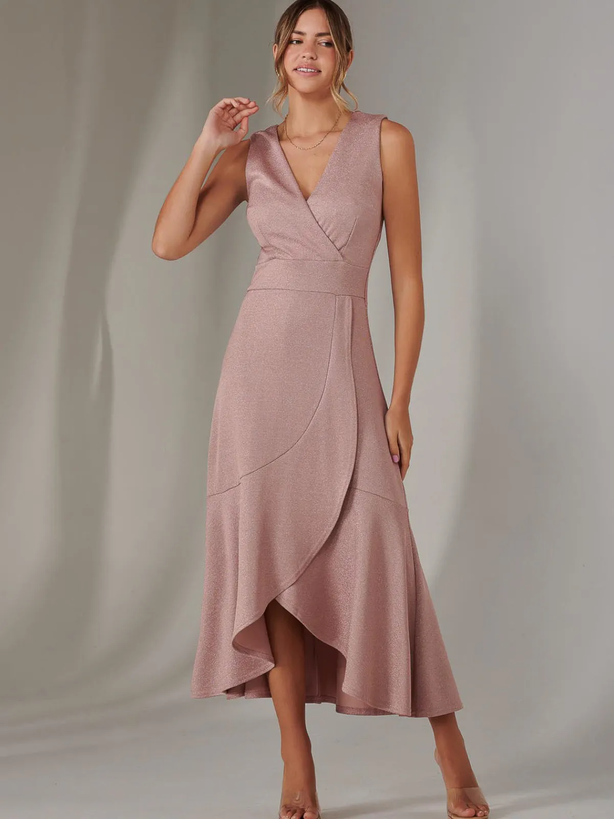 Jolie Moi Occasion Dresses|Sleeveless Dresses-Wrap Frill Hem Maxi Dress, Dusty Pink