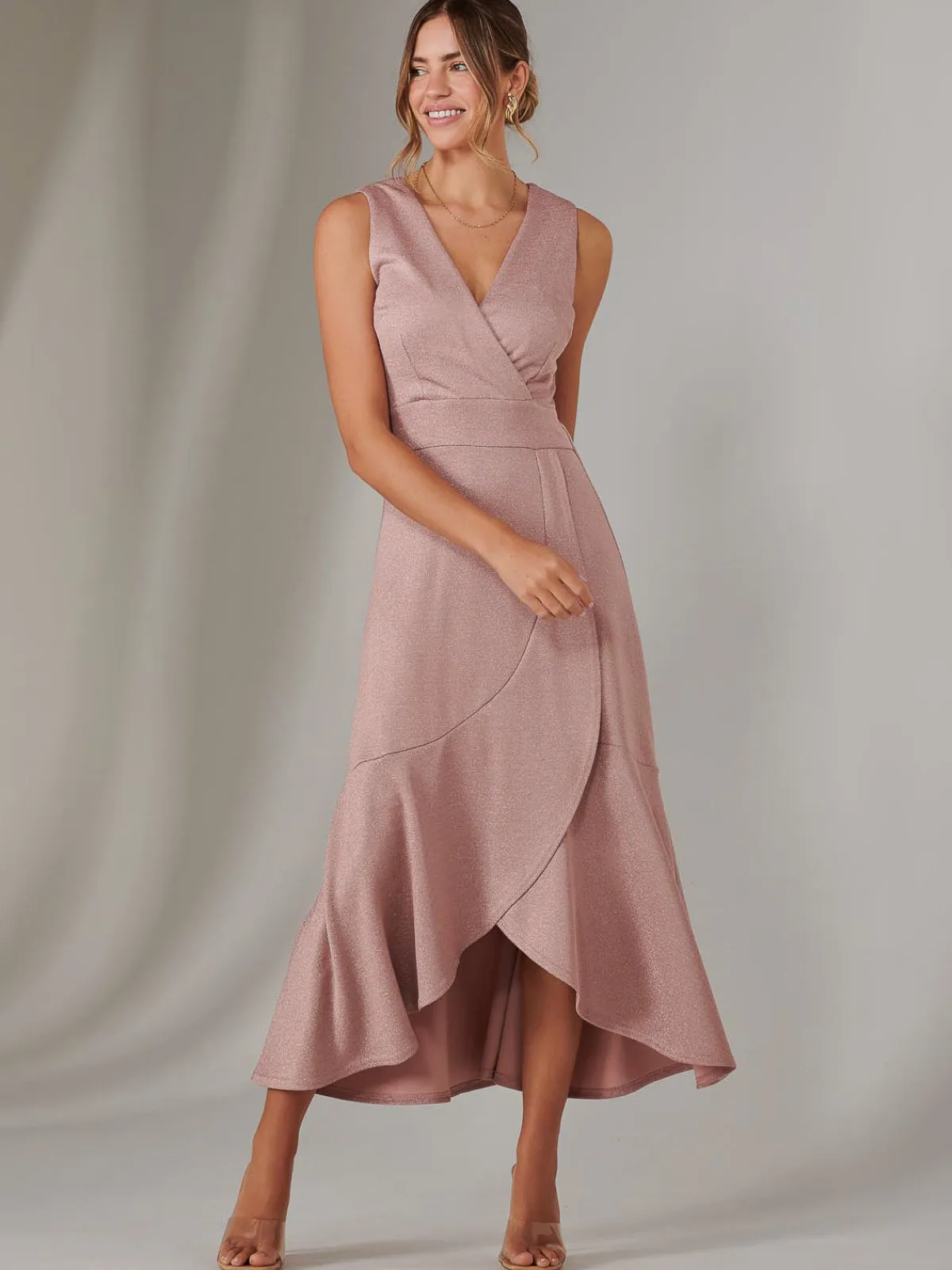 Jolie Moi Occasion Dresses|Sleeveless Dresses-Wrap Frill Hem Maxi Dress, Dusty Pink